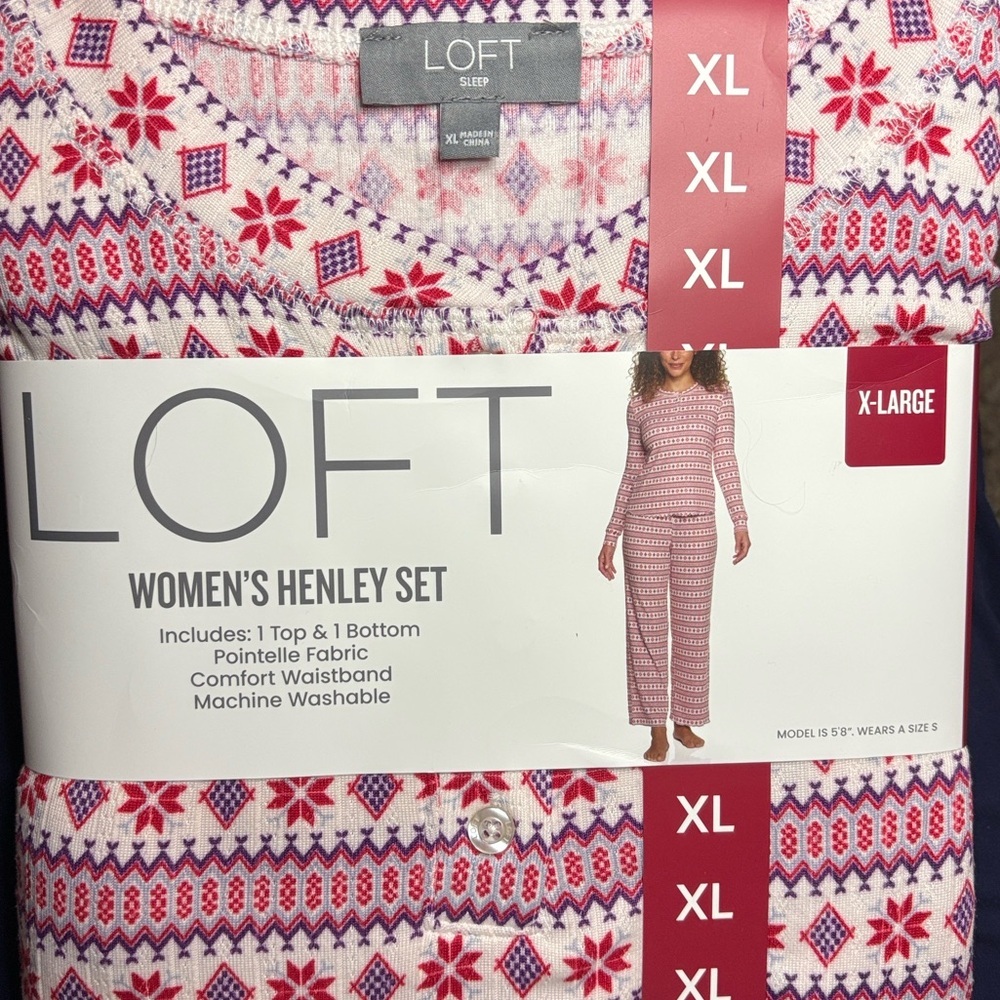 LOFT Women’s Pointelle Knit Henley Pajama Set Cream/Snowflakes, Elastic Waist